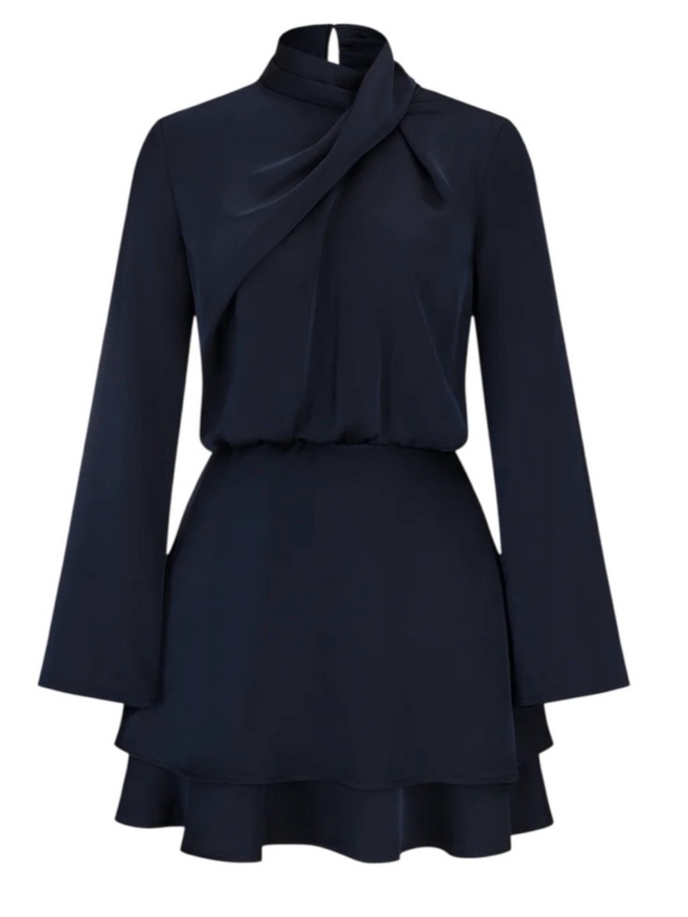 Commense Navy Satin Mini Dress Draped Neck Tiered Cocktail Wedding Guest Medium